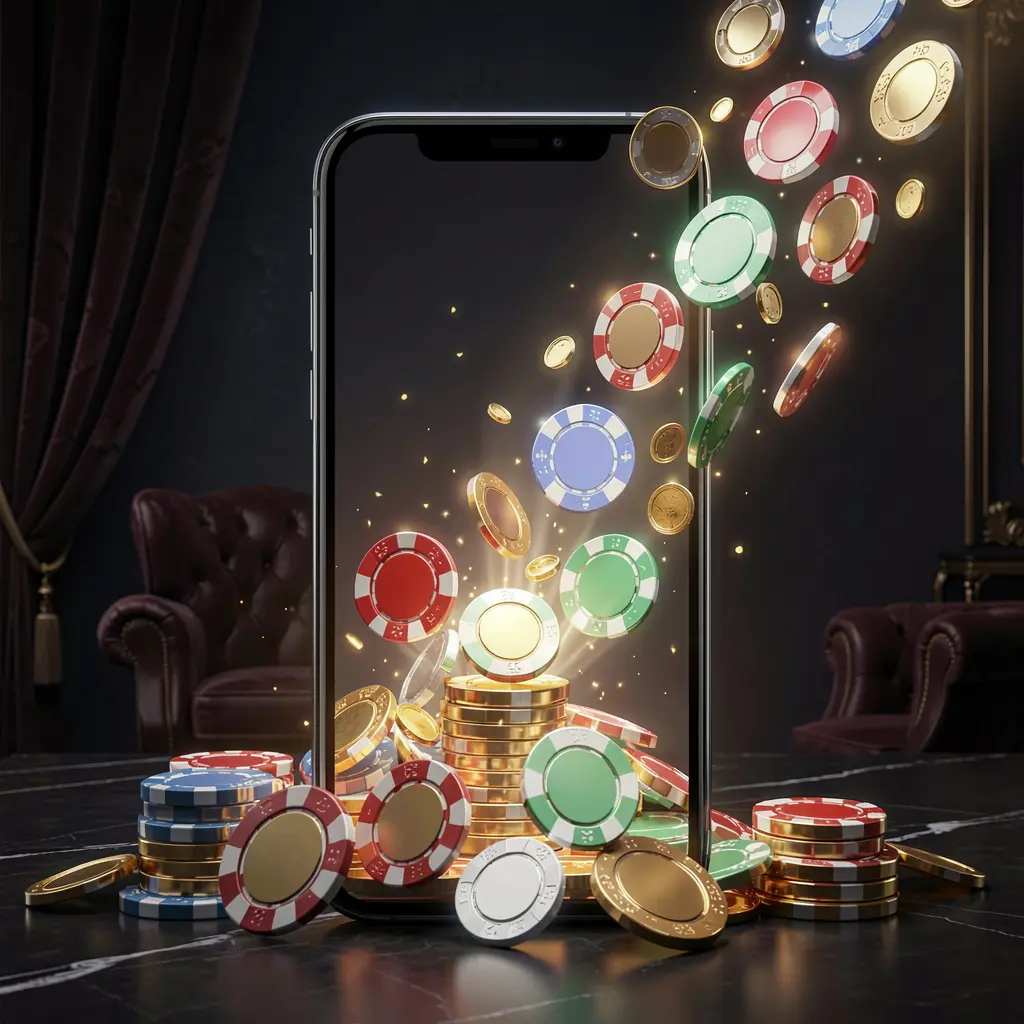 ok95 online gaming app displayed on a smartphone screen with glowing casino chips and coins emerging, set against a luxury dark background with cinematic lighting in a high detail 3D render