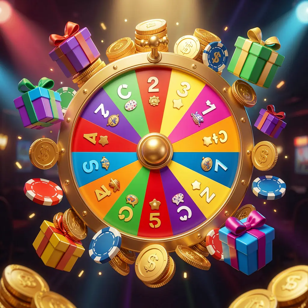 ok95 online casino bonus wheel with colorful prize wheel surrounded by golden coins, chips, and gift boxes, glowing casino lights creating an exciting jackpot atmosphere on a dark background