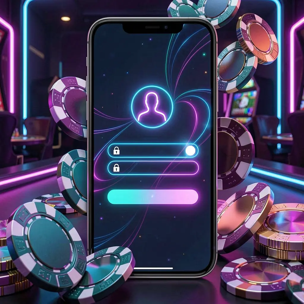ok95 mobile gaming login page concept featuring a smartphone with an abstract login interface, user and lock icons, surrounded by casino chips and coins illuminated by luxury neon lighting