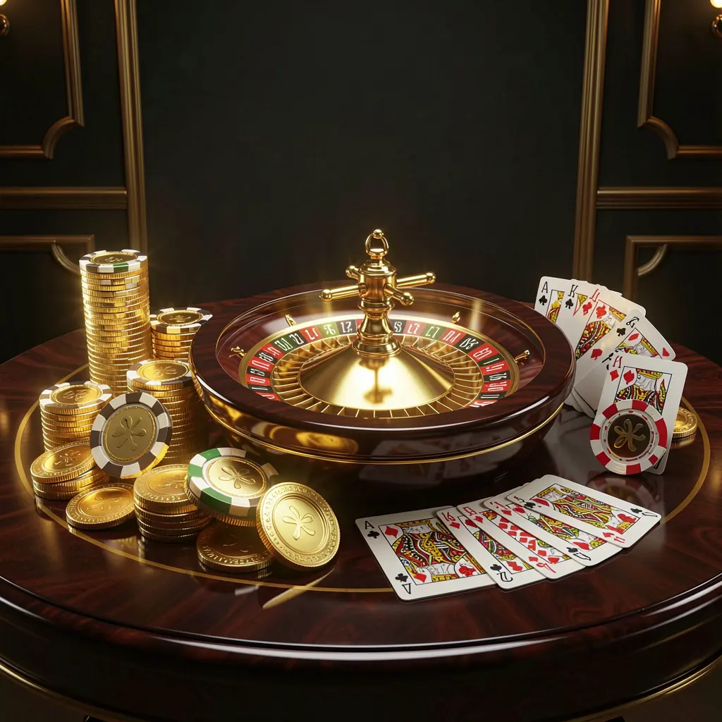 High detail realistic 3D render of a premium online casino scene featuring golden coins, glowing chips, a roulette wheel, and cards on a glossy table with an elegant dark background, showcasing ok95 branding