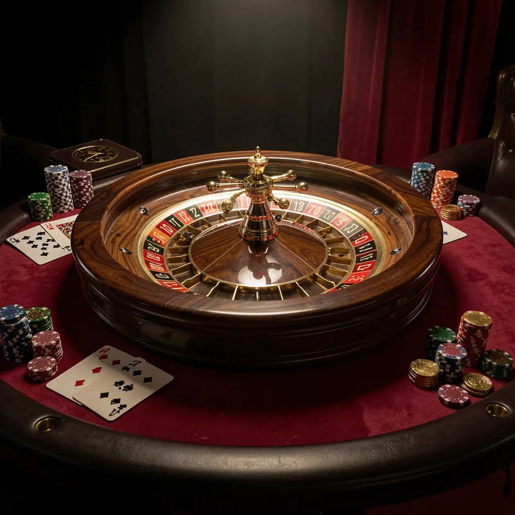 Elegant online casino gaming table featuring roulette, blackjack cards, poker chips, and coins with luxury cinematic lighting on a black and red background, showcasing ok95's responsible gaming platform